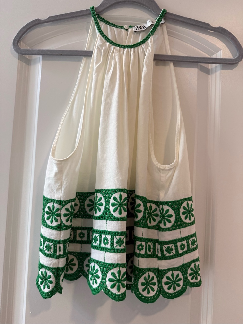 Zara Cream Halter Top with Green Embroidered Hem